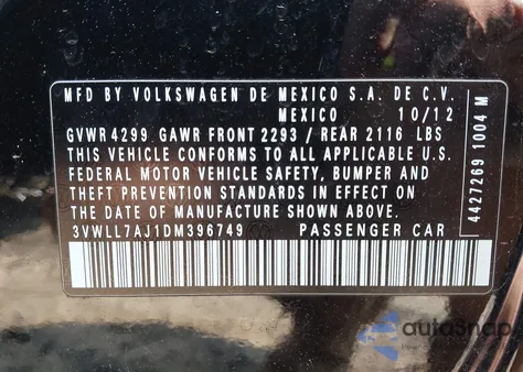 2013 Volkswagen Jetta 2.0L Tdi из США, поврежденный, VIN 3VWLL7AJ1DM396749